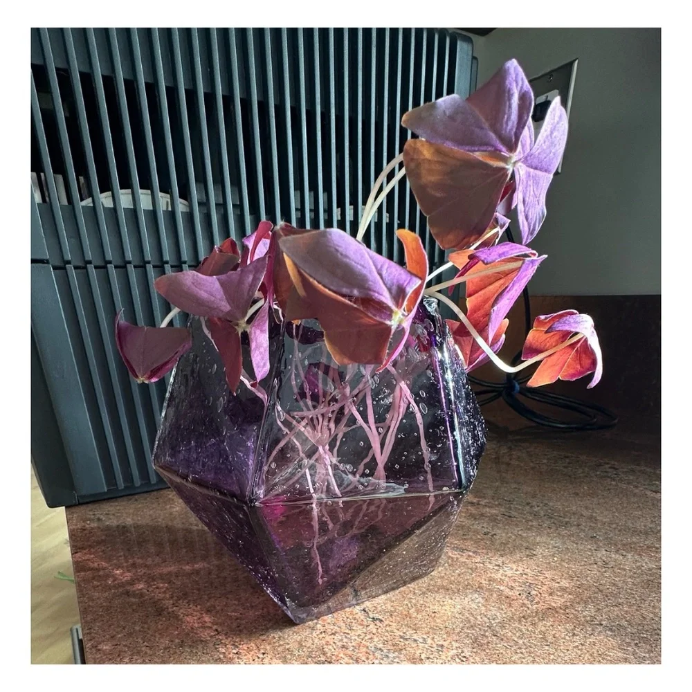ANTHROPOLOGIE Geometric Amethyst Hand Blown Seeded Gem Glass Vase 6”x 8” Faceted